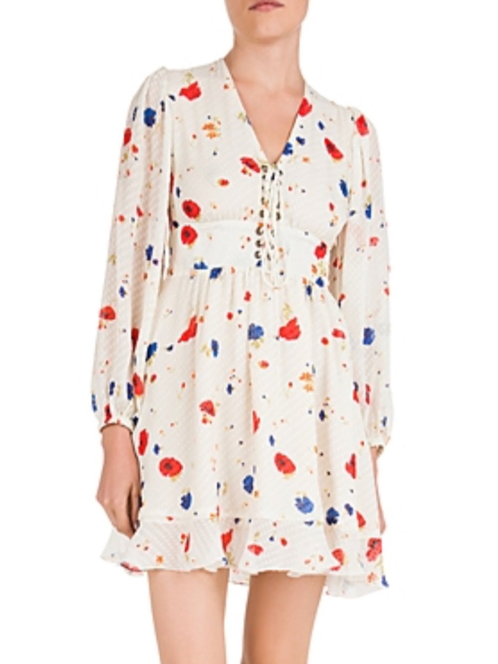 Dress Large Lace Up Corset Blouson Sleeves Ruffled Hem Poppies Peasant Bohemian